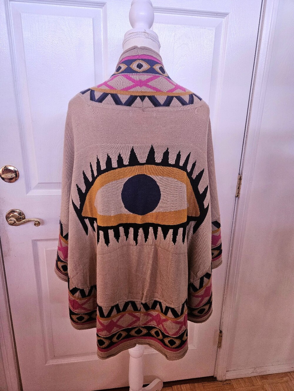 Mara Hoffman STYLE Tan Pink Evil Eye Boho Tribal Knit Cape Poncho